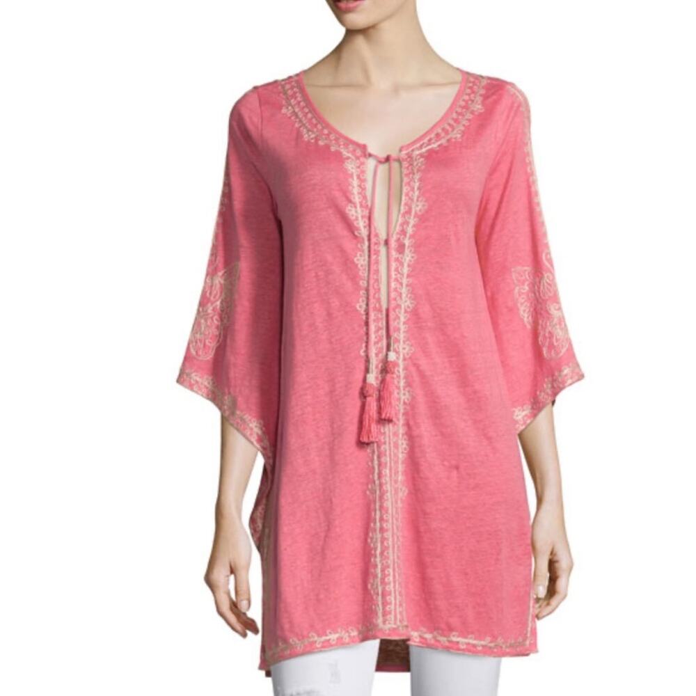 Calypso St. Barth Alus 3/4 Flare Sleeve Embroidered 100% Linen Tunic SZ L Coral
